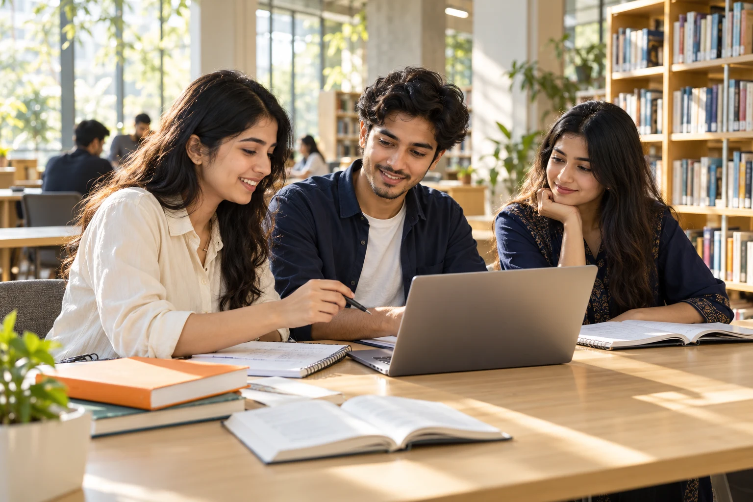 Students studying together in a sunlit library